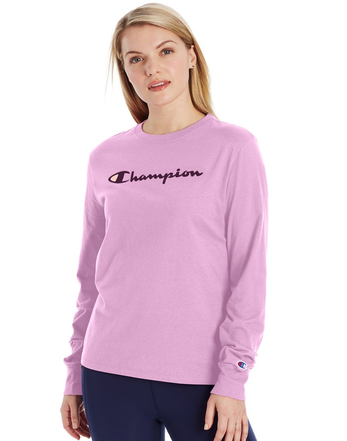 Champion Classic Long-Sleeve Script Logo Kadın Tişört Pembe ( GRKUOF985 )